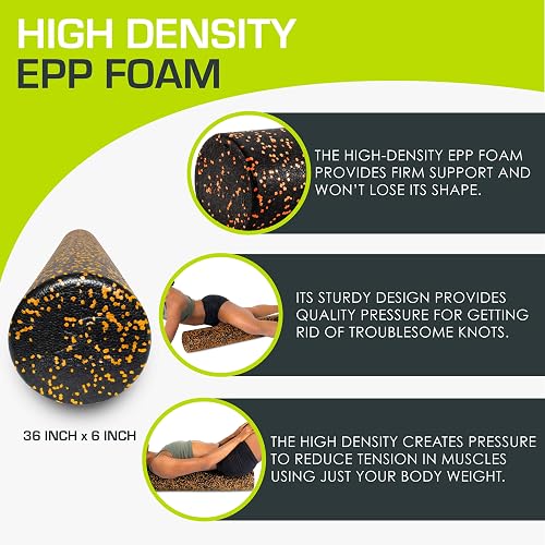 ProsourceFit High Density Foam Rollers 36 - Inches Long, Firm Full Body Athletic Massage Tool for Back Stretching, Yoga, Pilates, Post Workout Muscle Recuperation, Black/Orange