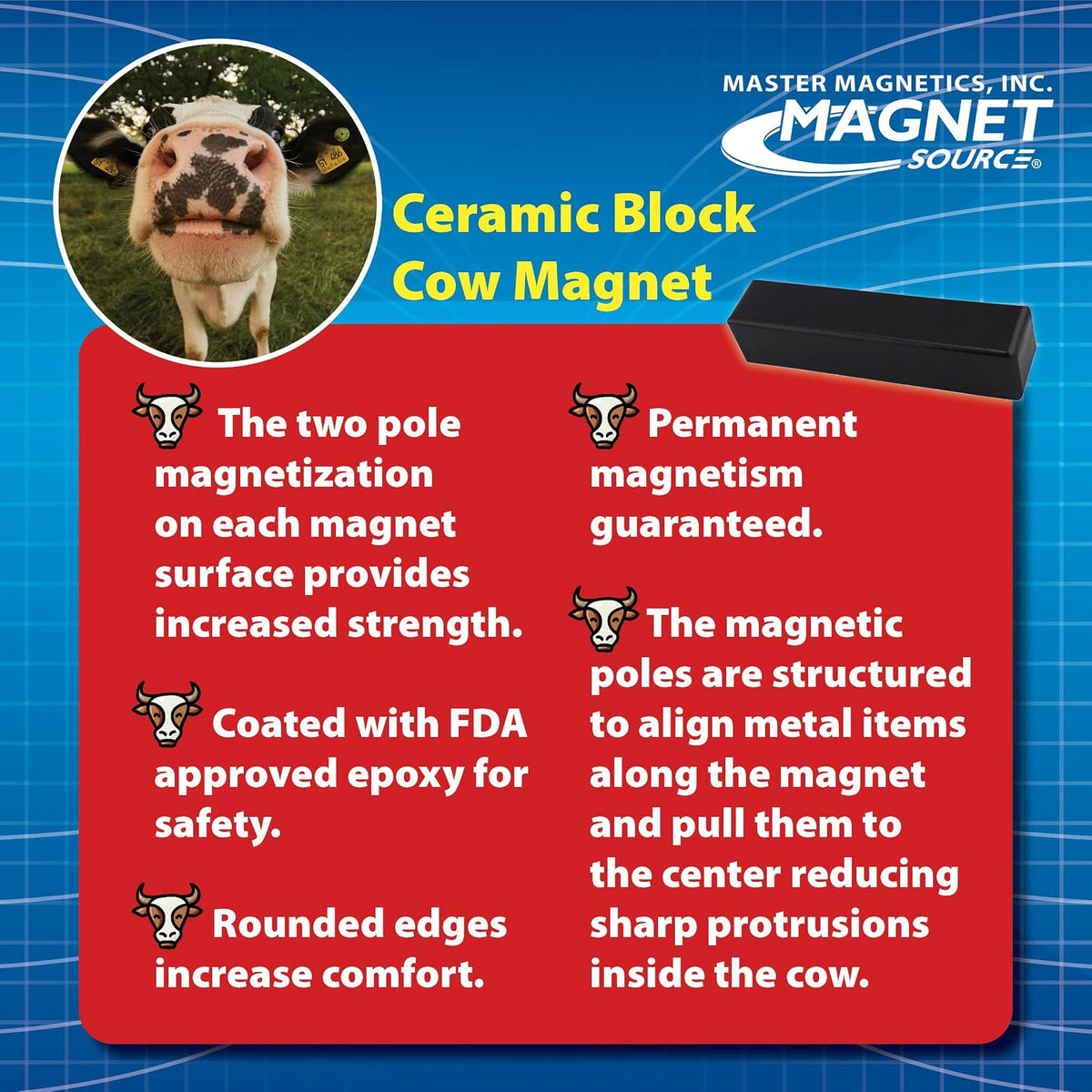 Master Magnetics Imán de Ferrita Vaca COW-SCM7CX4BX | Paquete de 4, 3 pulg largo, 0.67 pulg ancho, 0.65 pulg alto, recubrimiento polvo negro