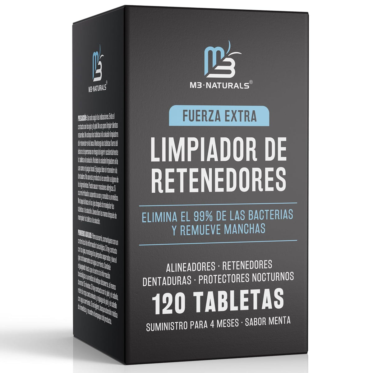 M3 Naturals Tabletas Limpiadoras de Retenedores Dentales, 120 Tabletas | Limpia retenedores, alineadores y prótesis; elimina olores, manchas y placa; efervescentes sabor menta con estuche