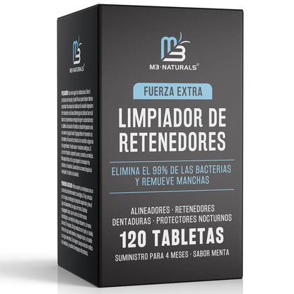 M3 Naturals Tabletas Limpiadoras de Retenedores Dentales, 120 Tabletas | Limpia retenedores, alineadores y prótesis; elimina olores, manchas y placa; efervescentes sabor menta con estuche