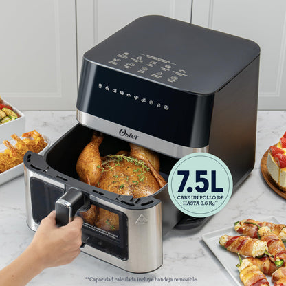 Oster® Freidora de Aire Digital XL 7.5L con Ventana y Luz Interna, Recubrimiento DiamondForce, 10 Programas Automáticos, Modelo CKSTAF75WDSSDF