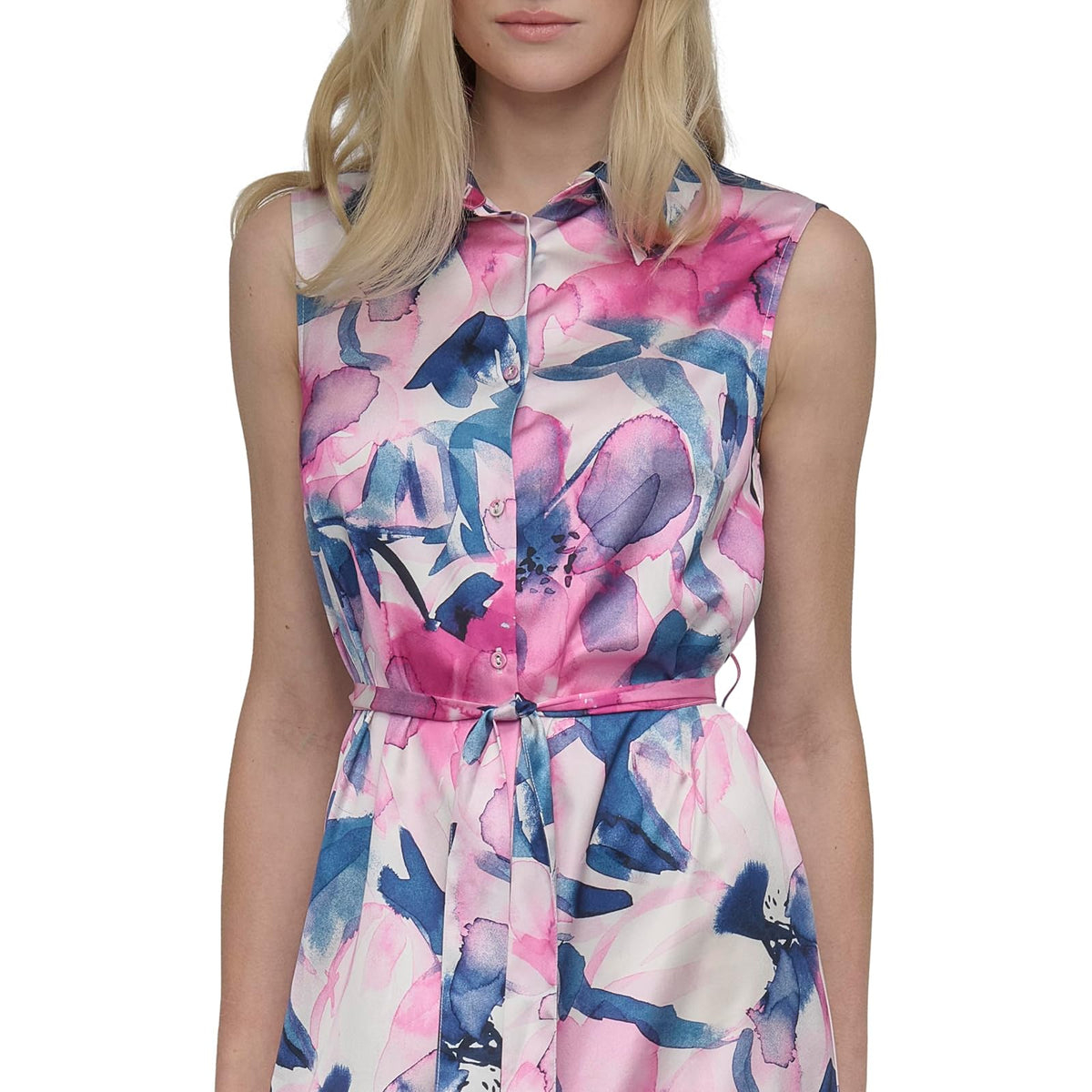 DKNY Sleeveless Collar Neck Button Front Midi Dress VestidoMujer
