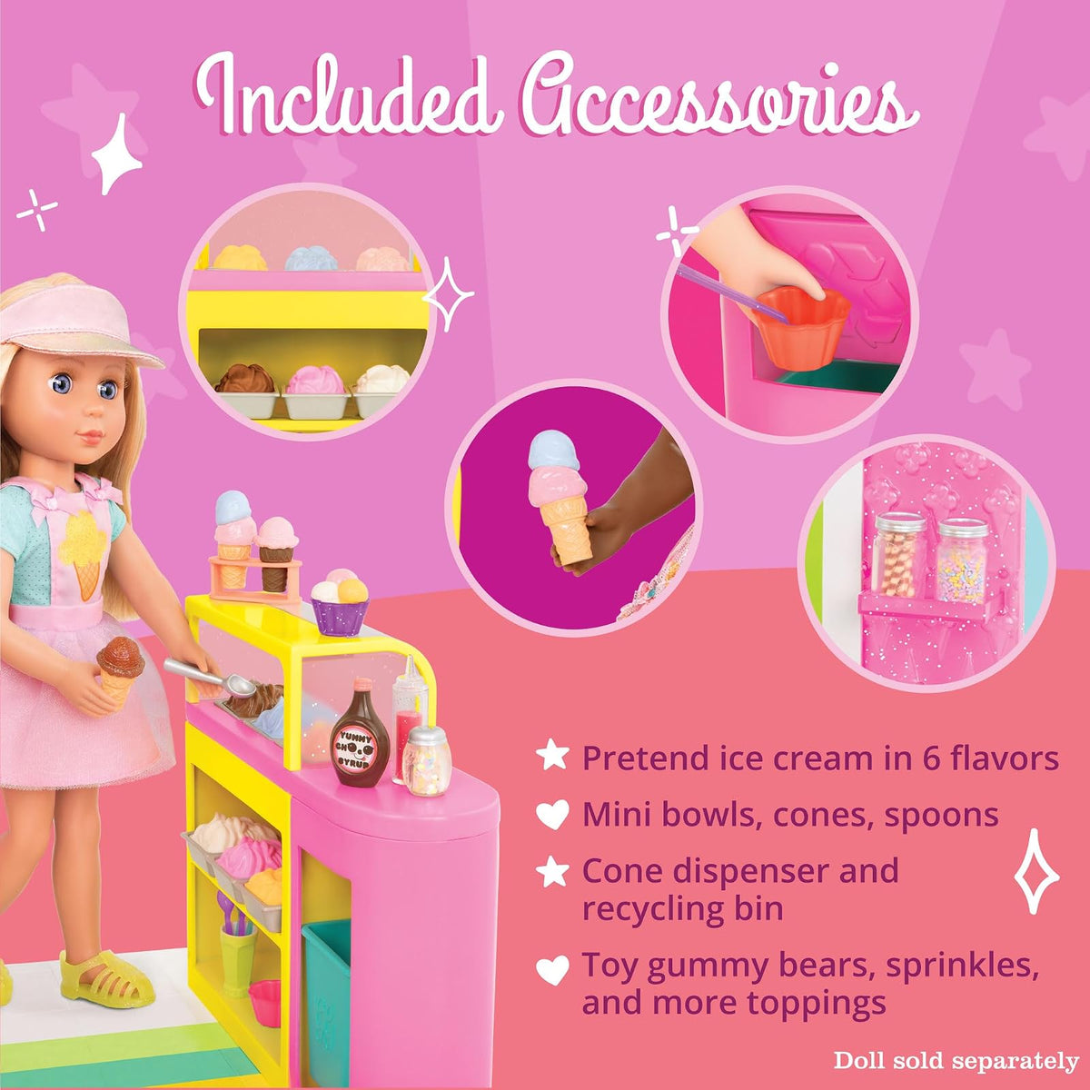 Glitter Girls Juego de heladería para muñecas con golosinas | Juego de heladería para muñecas de 36 cm con 79 piezas, tarros, conos, estantes y accesorios para servir, 3 años y +