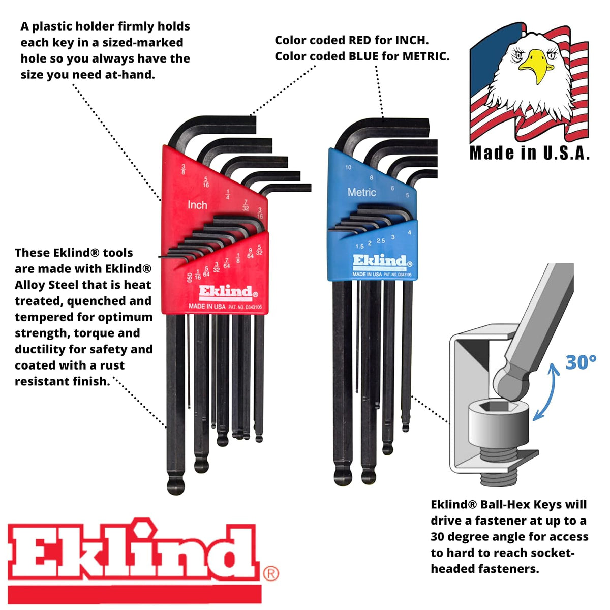 Eklind 13222 Llave Allen Allen de bola hexagonal, 22 piezas, 22 unidades