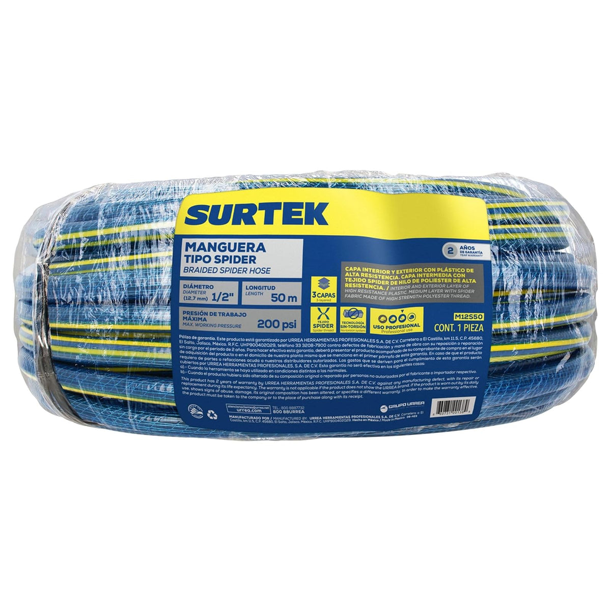 Surtek M12S50 Manguera para jardín tejido spider con conector metálico 1/2", 50 m