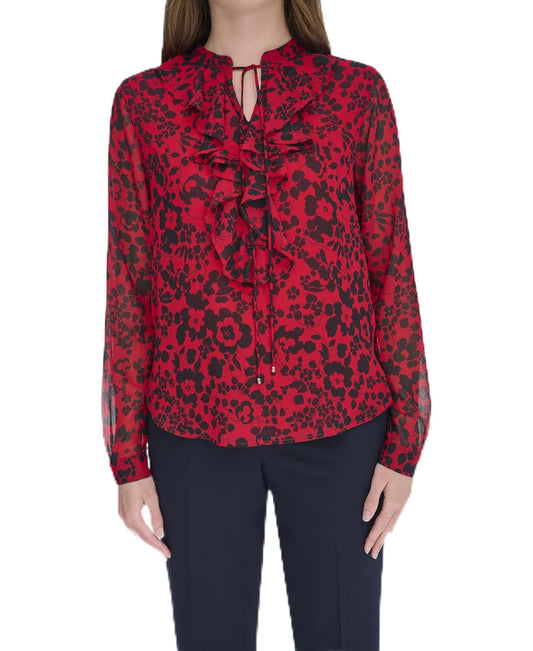 Tommy Hilfiger Camisa Manga Larga con Volantes Floral Rojo para Mujer