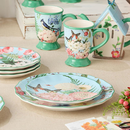Flora - Juego de 4 platos de ensalada - Platos de cerámica de 9 pulgadas con vibrantes diseños florales, mariposas y libélulas, vajilla duradera para ensaladas, aperitivos y postres