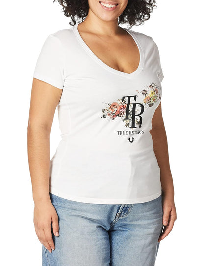 True Religion Camiseta de Manga Corta con Cuello en V Camiseta para Mujer