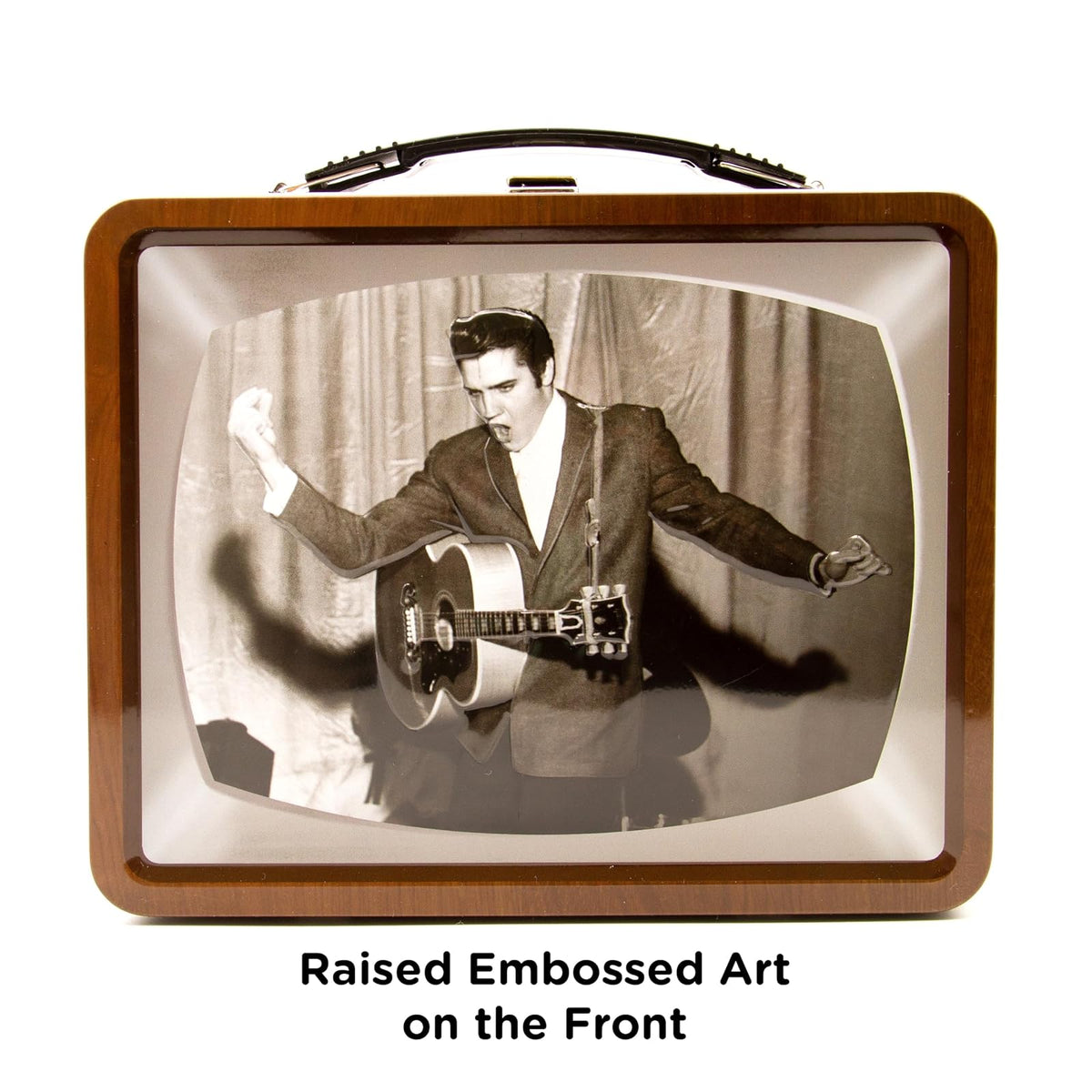 AQUARIUS Elvis TV Fun Box - Caja de almacenamiento de lata resistente con mango de plástico y cubierta frontal en relieve, con licencia oficial de Elvis y regalo coleccionable