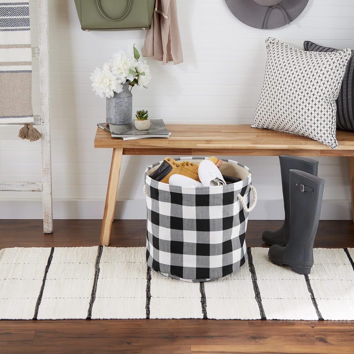 DII Buffalo Check Storage Collection - Contenedor Plegable con Asas, Redondo Grande, 16 x 16 x 15 Pulgadas, Blanco y Negro