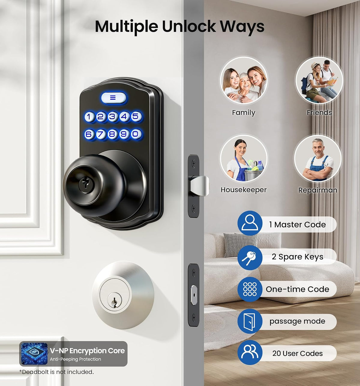 Veise - Cerradura de puerta con teclado, cerradura digital de entrada sin llave con asa, perilla electrónica para puerta delantera y recámara, fácil instalación, bloqueo automático, modo de paso