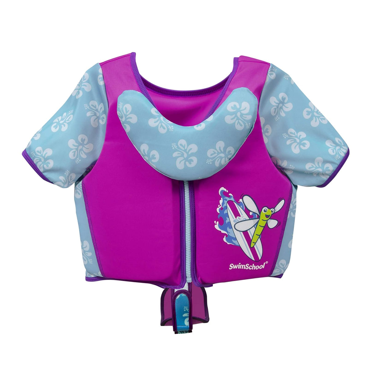 Swimschool - Entrenador de natación, talla pequeña/mediana, chaleco de natación con mangas para los hombros, correa de seguridad ajustable y cuello extraíble para la barbilla, rosa y aguamarina