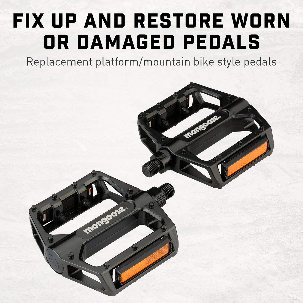 Mongoose - Pedales de Bicicleta de montaña para Adultos, adaptadores de 1/2" y 9/16", Pedal de Plataforma de Bicicleta de aleación Duradera, Tiras refectivas, Accesorios de Bicicleta MTB