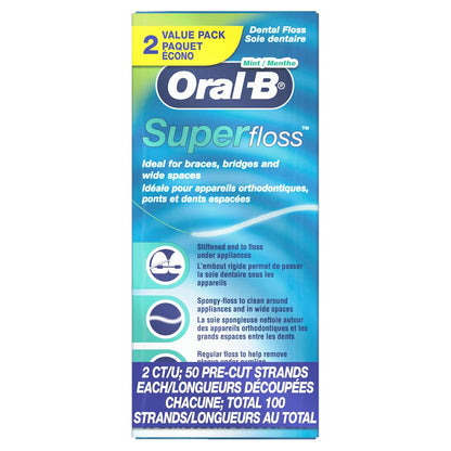 Oral-B - Mechones precortados Super Floss, color menta, paquete doble de 50 unidades