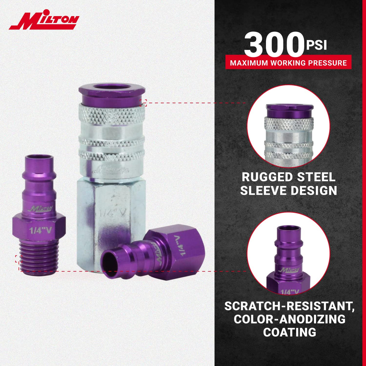 Milton S-303VKIT HIGHFLOWPRO - Juego de acopladores y enchufes estilo V 1/4 NPT morado - 3 piezas