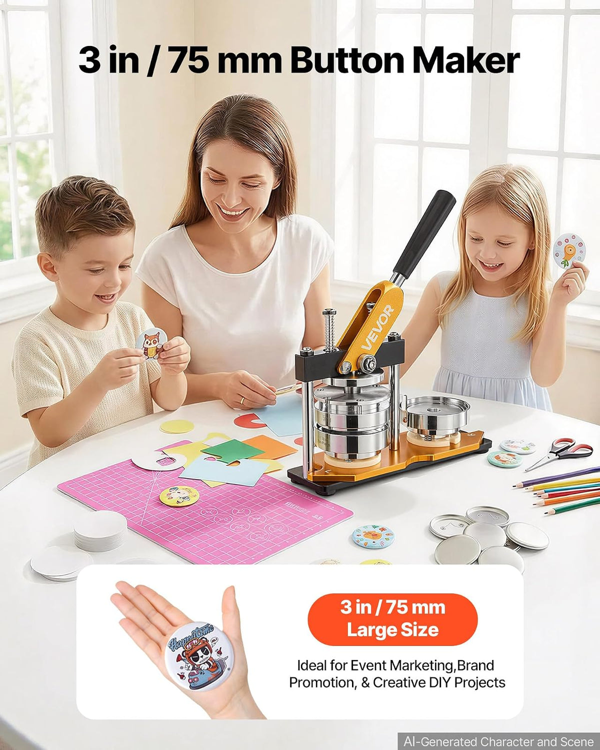 VEVOR Máquina para hacer botones, kit de prensa perforadora de insignias 75 mm, fabricante de alfileres, suministros para hacer botones con 500 piezas de botones, cortador de círculos y libro mágico
