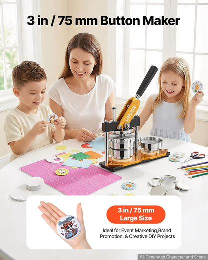 VEVOR Máquina para hacer botones, kit de prensa perforadora de insignias 75 mm, fabricante de alfileres, suministros para hacer botones con 500 piezas de botones, cortador de círculos y libro mágico