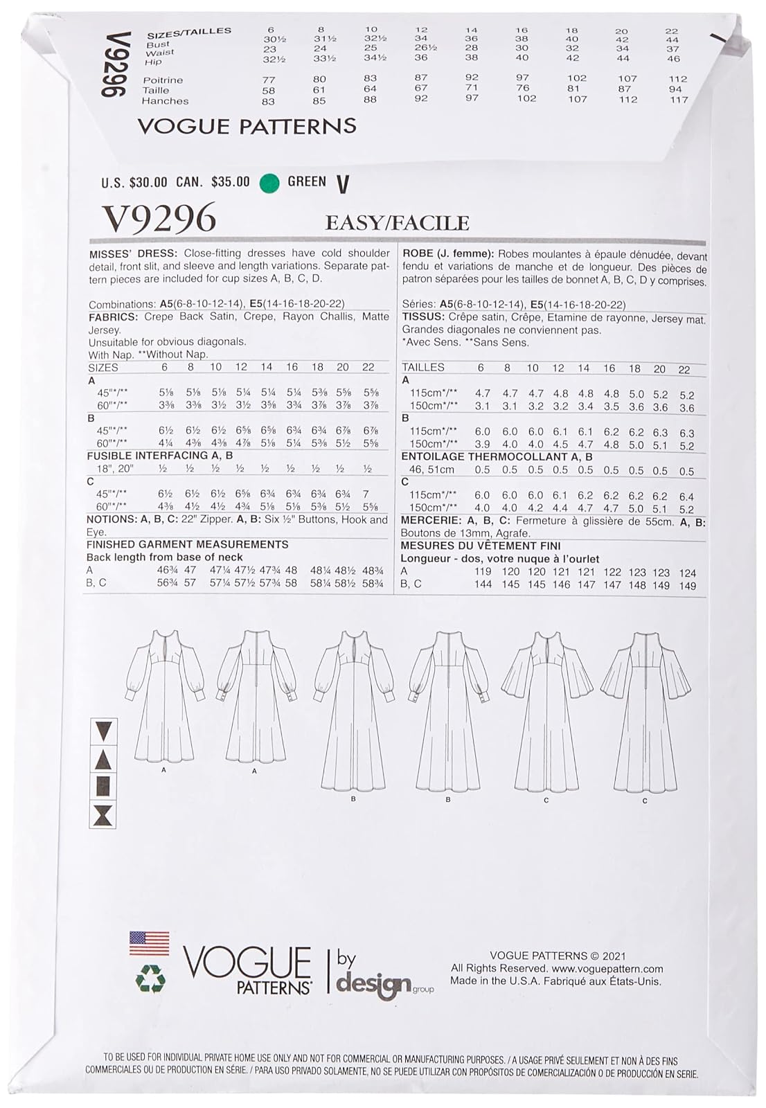 Vogue V9296 - Patrón de costura para mujer, tallas 6-14