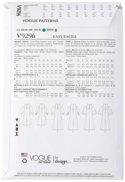 Vogue V9296 - Patrón de costura para mujer, tallas 6-14