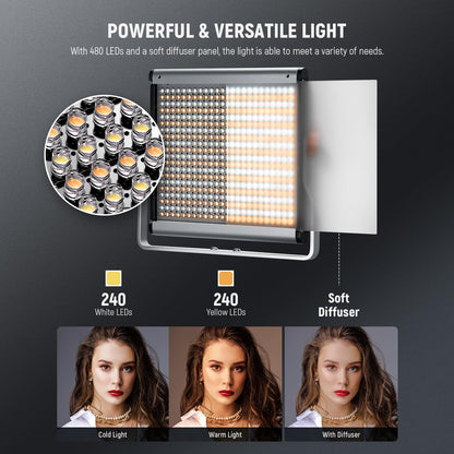 NEEWER Kit 2 Luces LED de Video 480 Bi Color Regulables, 3200K-5600K | CRI96+, Panel LED con Soporte u, Trípode 75", para YouTube, Grabación, Estudio, Fotografía, Streaming y Luz Principal