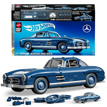 Hot Wheels Brick Shop Juguete de Construcción Mercedes-Benz 300 SL 1:12 | Edición 70 Aniversario; piezas metálicas, placa de colección y auto de metal con vitrina