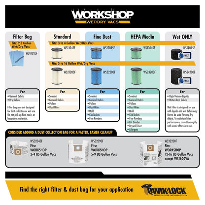 Taller mojado/seco Vacs 3 A 4.5-gallon Filtro de polvo fino para aspiradora de seco y mojado
