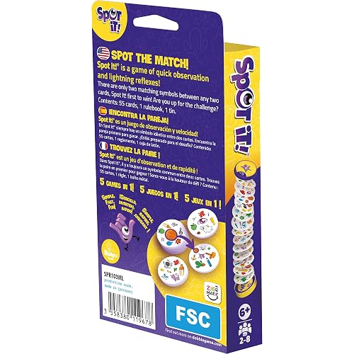 Asmodee Spot It! Juego de cartas clásico (actualización de 2024) - Edición Eco-Blister, juego de percepción visual 5 en 1 para reflejos rápidos y diversión familiar, edades de 6 años, 2 a 8 jugadores