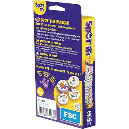 Asmodee Spot It! Juego de cartas clásico (actualización de 2024) - Edición Eco-Blister, juego de percepción visual 5 en 1 para reflejos rápidos y diversión familiar, edades de 6 años, 2 a 8 jugadores
