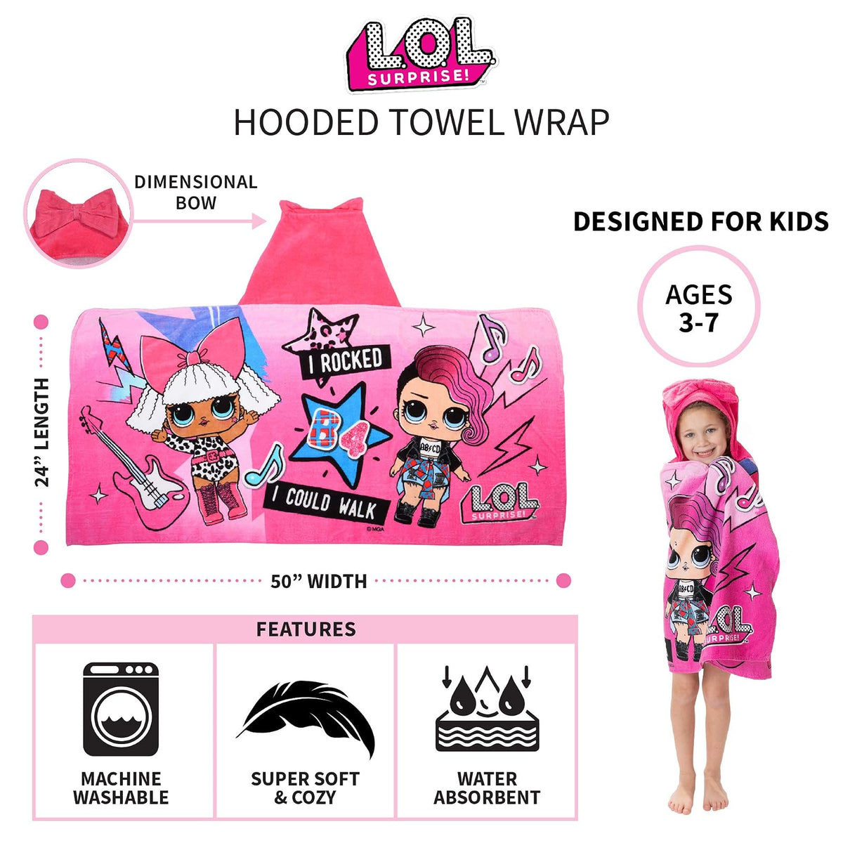 L.O.L. Surprise! - Toalla de baño de algodón Suave con Capucha, 24 x 50 Pulgadas, Color Rosa