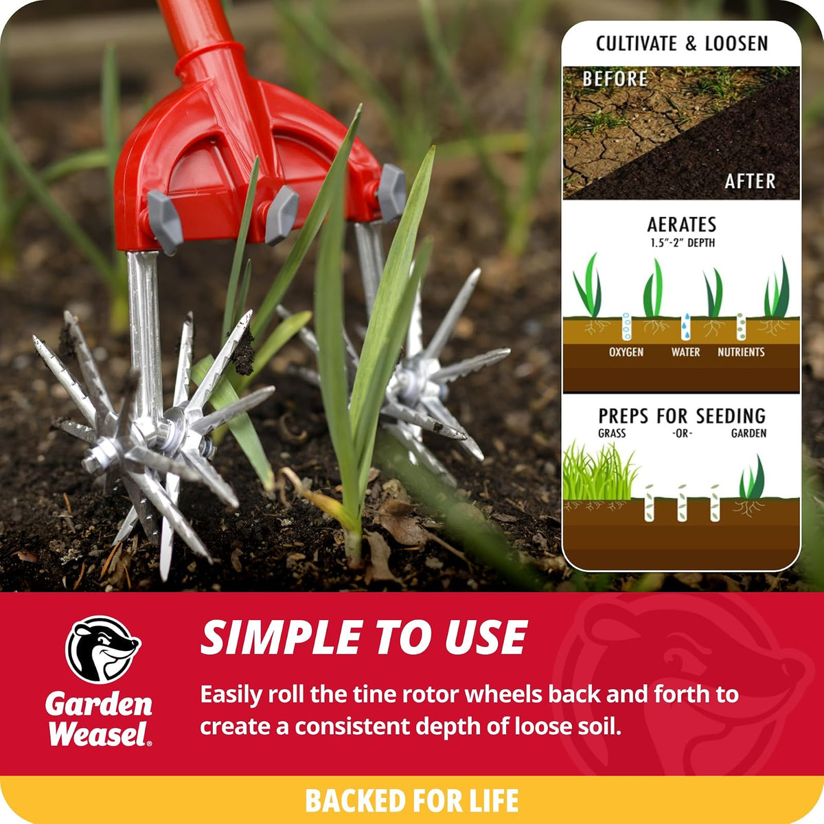 Garden Weasel Cultivador Y Timón 90206 | Mano, Dientes Desmontables, Manual Tierra, Resistente Intemperie, Resistente Óxido, Acero Carbono