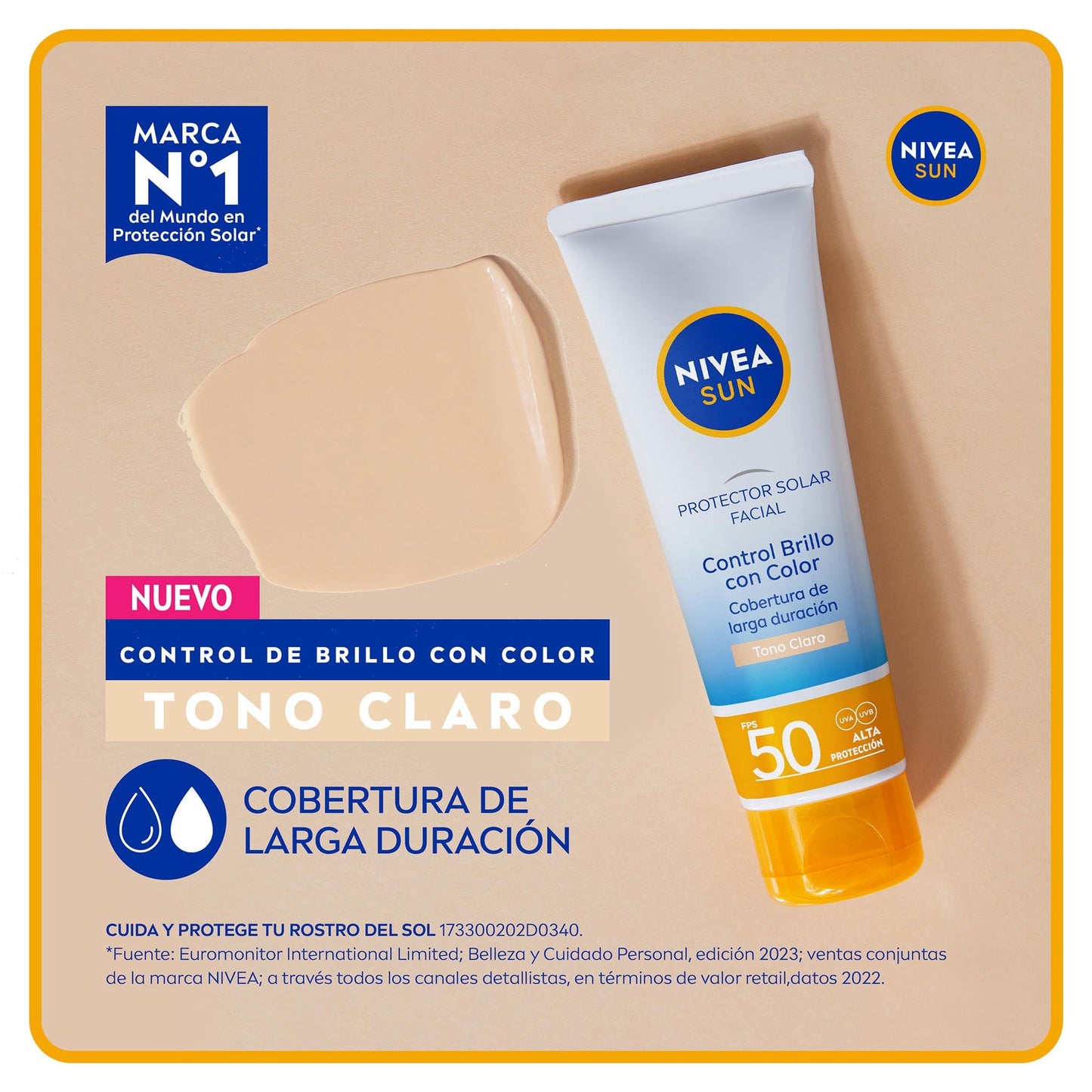 Protector Solar Facial NIVEA SUN Control Brillo Tono Claro, Cobertura de Larga Duración FPS 50+ 50ml