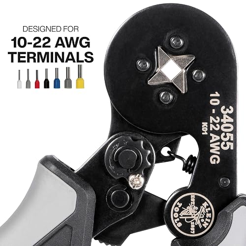 KLEIN TOOLS 34055 | Pinza Ponchadora | AWG 10-22 | Ponchado Preciso | Crimpadora de terminales con matraca para ponchados firmes; pinzas electricista brindan precisión y control al conectar.