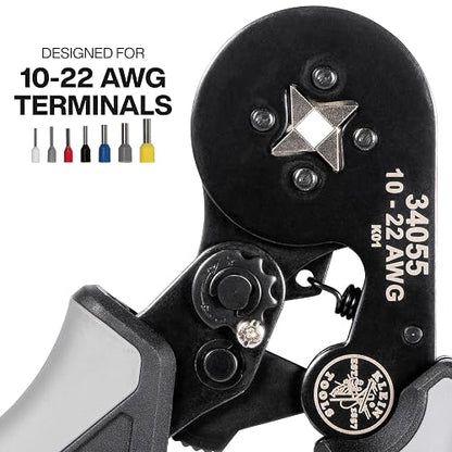 KLEIN TOOLS 34055 | Pinza Ponchadora | AWG 10-22 | Ponchado Preciso | Crimpadora de terminales con matraca para ponchados firmes; pinzas electricista brindan precisión y control al conectar.