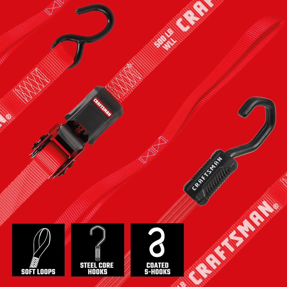Craftsman Kit de Amarre de 10 Piezas Negro/Rojo con Correas de Trinquete y Bolsa 12 Pies x 1 Pulgada CMXAZBS777