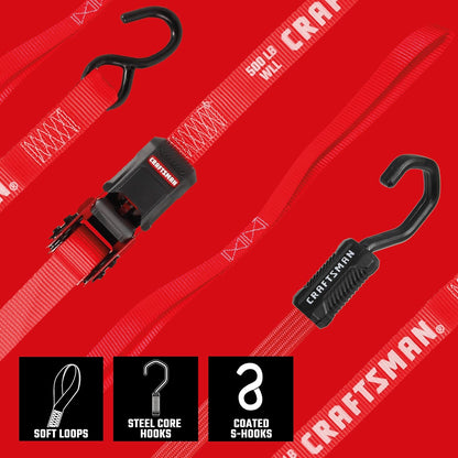 Craftsman Kit de Amarre de 10 Piezas Negro/Rojo con Correas de Trinquete y Bolsa 12 Pies x 1 Pulgada CMXAZBS777