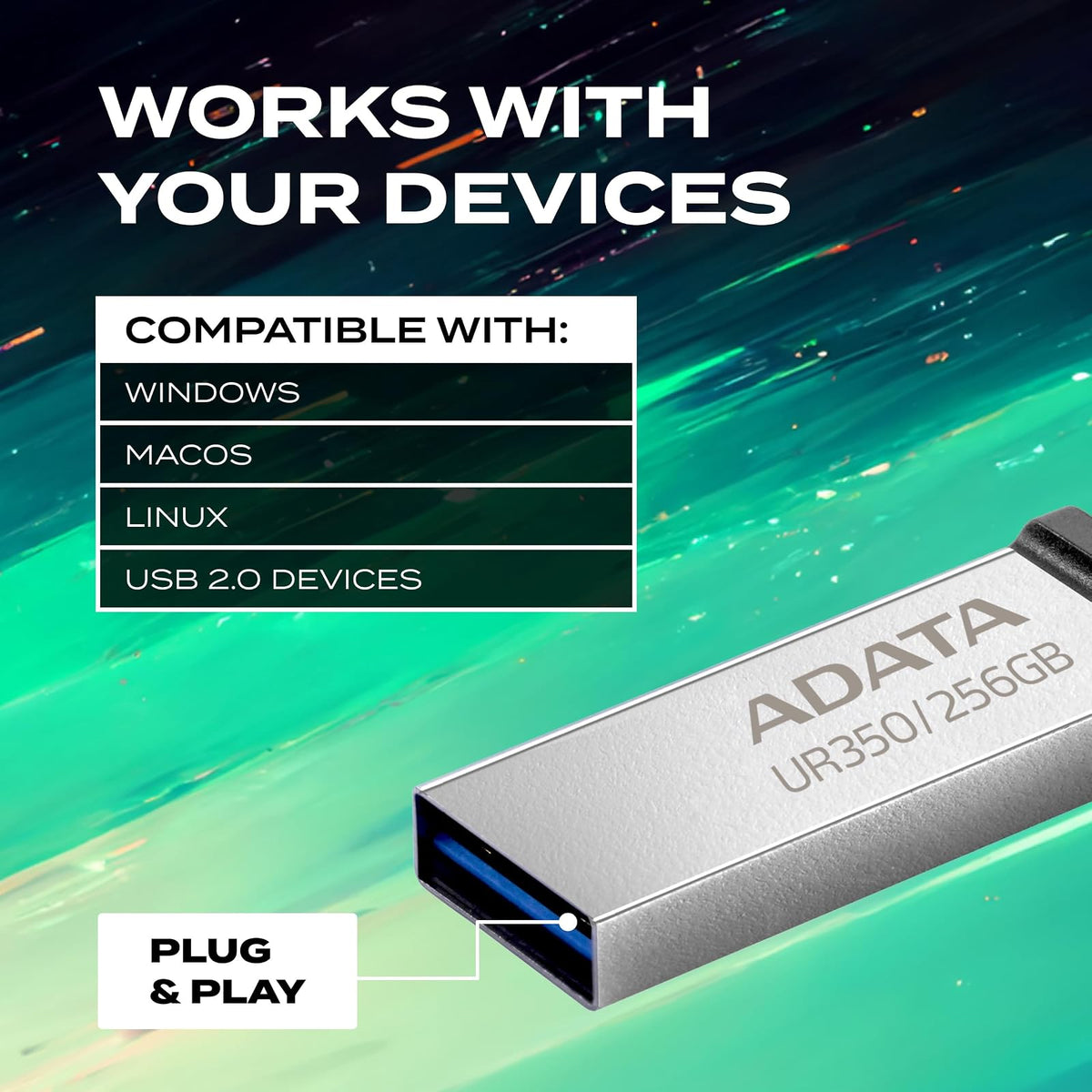ADATA 256 GB Memoria Flash USB 3.2 Diseño sin Tapa Material Metalico (Modelo UR350-256G-RSR/BK)