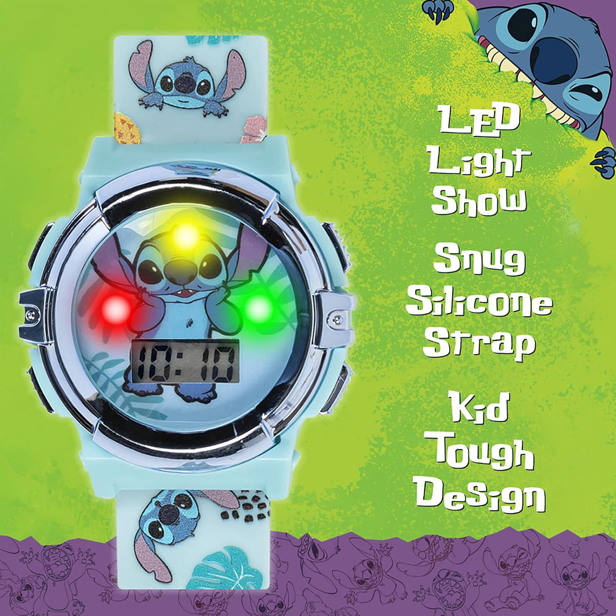 Accutime Disney Lilo and Stitch Blue Digital LCD Reloj de pulsera para niños, niñas, niños pequeños con correa gráfica multicolor (modelo: LAS4019AZ), Azul/Patchwork, Reloj de pulsera digital