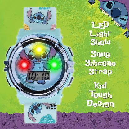 Accutime Disney Lilo and Stitch Blue Digital LCD Reloj de pulsera para niños, niñas, niños pequeños con correa gráfica multicolor (modelo: LAS4019AZ), Azul/Patchwork, Reloj de pulsera digital