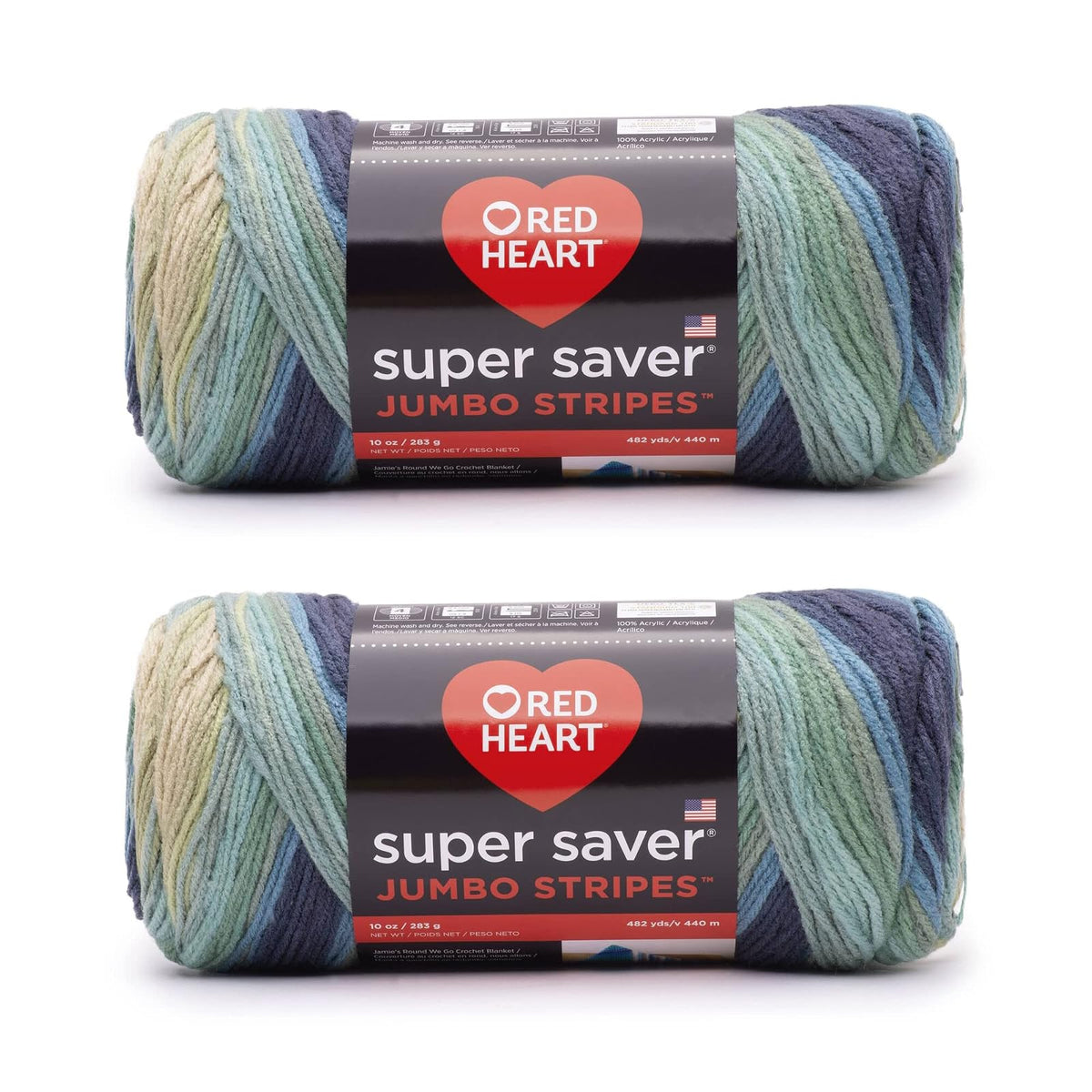 Red Heart Super Saver Estambre Acrílico Jumbo, Paquete de 2, 396 g - Paquete de 2 - Sutherland Stripe