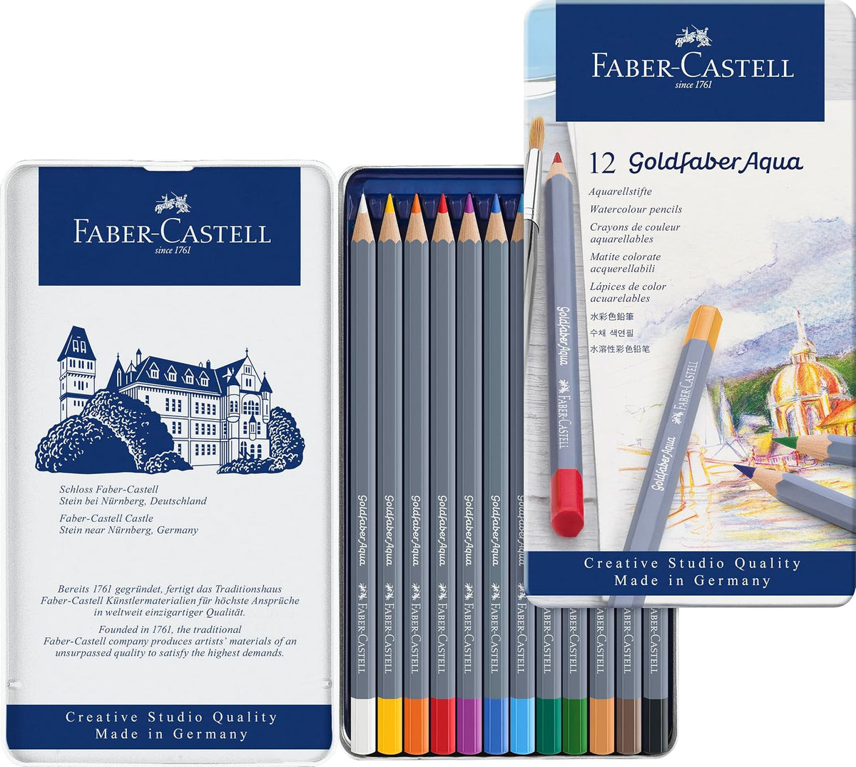 Faber-Castell Colores Goldfaber Acuarelables, 36 Colores - Juego de lata de 12 piezas