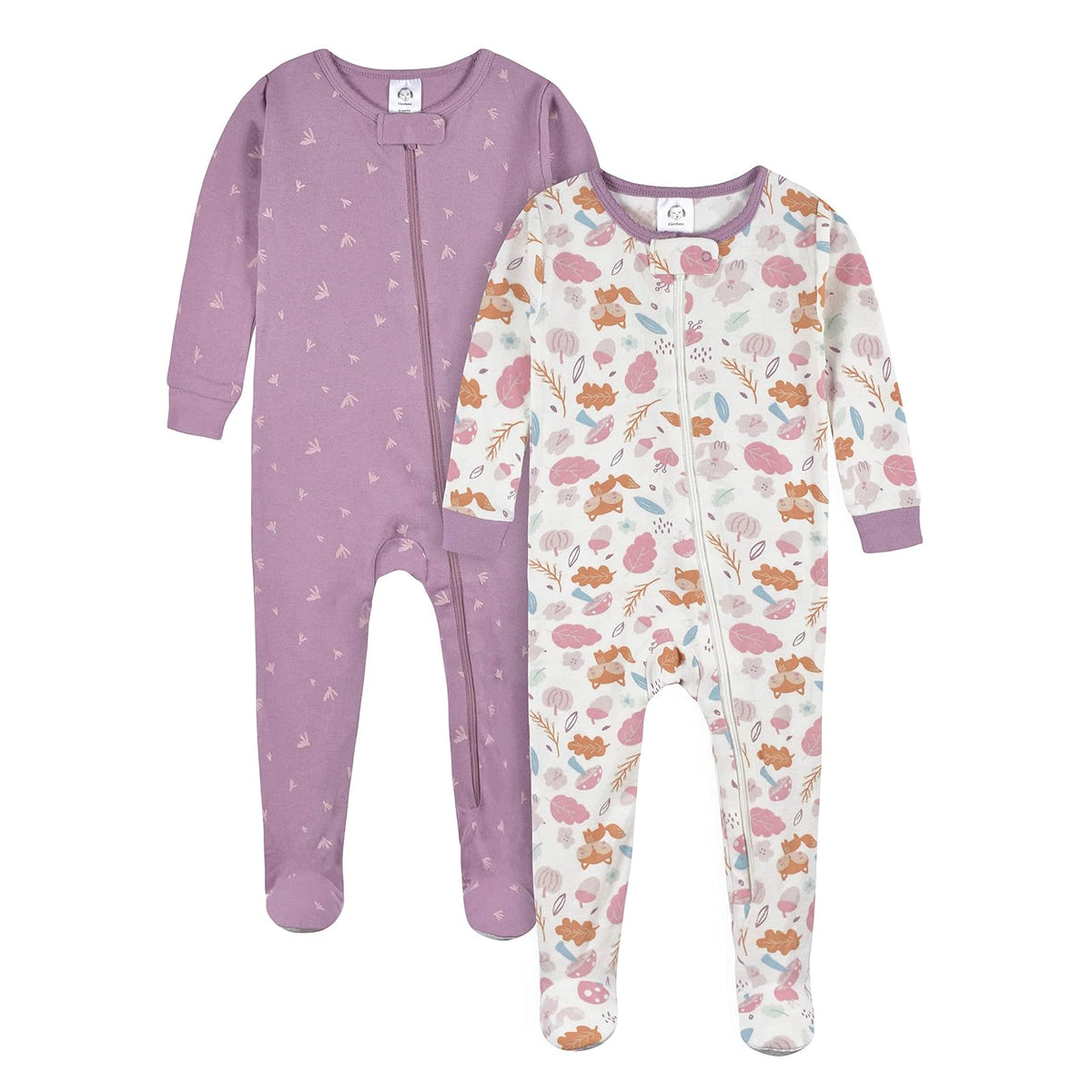 Gerber Paquete de 2 Pijamas con Pies para Bebés Niñas - Woodland Floral Purple - 2 Años