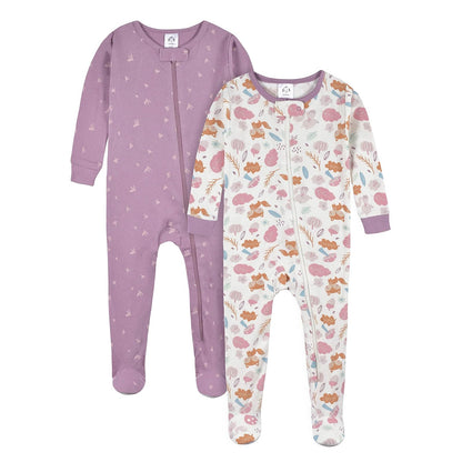 Gerber Paquete de 2 Pijamas con Pies para Bebés Niñas - Woodland Floral Purple - 2 Años