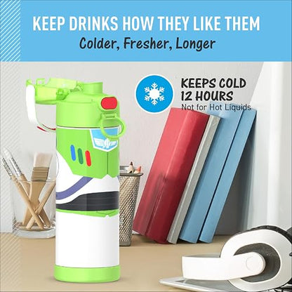 THERMOS FUNTAINER Botella aislada al aspiradora de acero inoxidable de 16 onzas con tapa ancha de boquilla, juguete Story Buzz