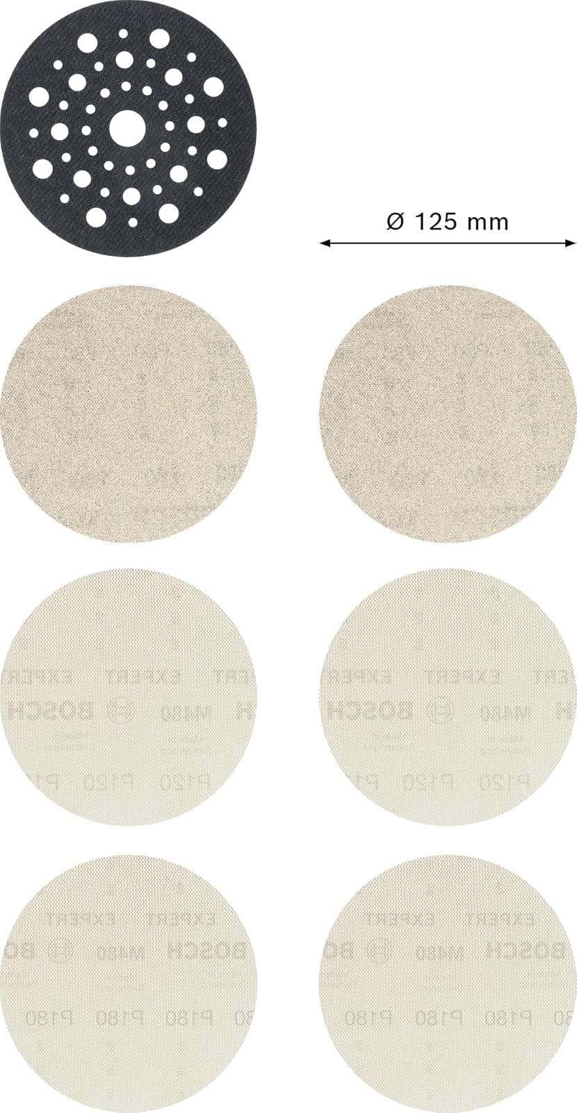 Bosch | Kit 6 Discos de lija | EXPERT M480 125mm + 1 plato | Para pintura sobre madera, madera dura, grano 2 x 80, 2 x 120, 2 x 180, accesorio profesional, lijadora orbital aleatoria