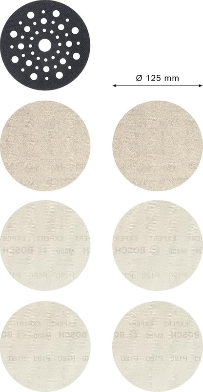 Bosch | Kit 6 Discos de lija | EXPERT M480 125mm + 1 plato | Para pintura sobre madera, madera dura, grano 2 x 80, 2 x 120, 2 x 180, accesorio profesional, lijadora orbital aleatoria