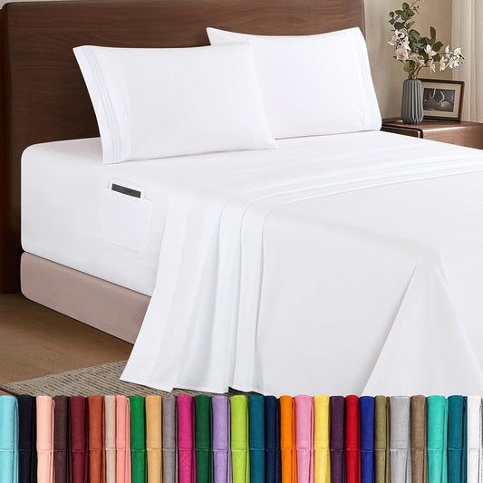 Elegant Comfort Luxury 1500 Premium Hotel Quality Microfiber 4-Piece Sheet Set - Soft, All Around Elastic 18-24 Inches Deep Fitted Sheet - Extra Deep Pocket Sheets, Queen, White