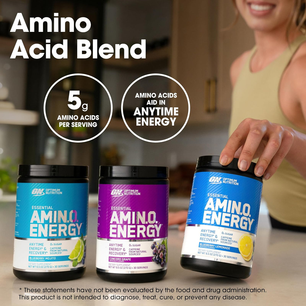 Optimum Nutrition Essential Amin.O. nrgy sabor uva, 100mg cafeína y aminoácidos naturales, sin azúcar,270 g.