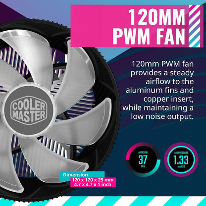 Cooler Master i70C LGA1700 Enfriador de Aire CPU | ARGB 120 mm PWM, aluminio anodizado negro, inserto cobre, 95 W TDP, perfil bajo 70 mm