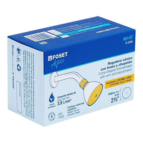 Foset Aqua R-509G Regadera cónica 2-1/2" cromo-oro brazo y chapetón acero