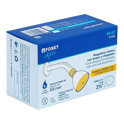 Foset Aqua R-509G Regadera cónica 2-1/2" cromo-oro brazo y chapetón acero